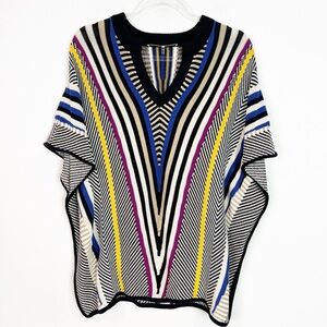 TRINA TURK TYLA PONCHO SWEATER TOUCAN PRINT BLACK MULTICOLOR STRIPE BOXY XS/S